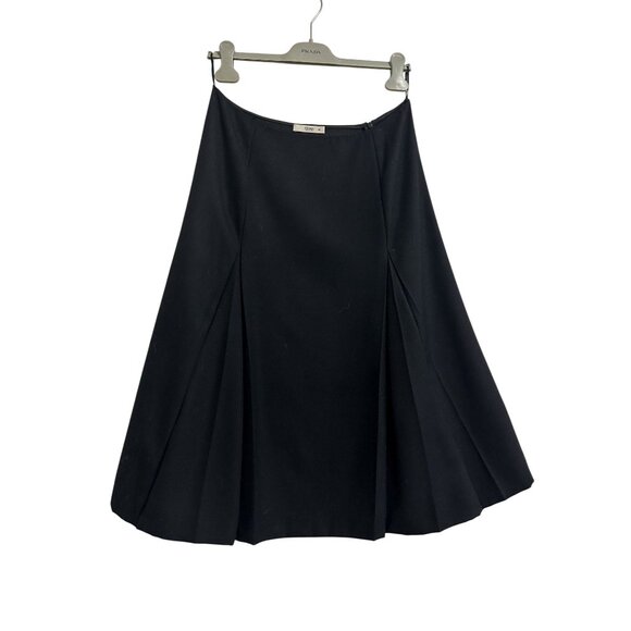 PRADA Black Wool A-Line Double Pleated Midi Skirt IT 46 Made in Italy - Picture 1 of 16